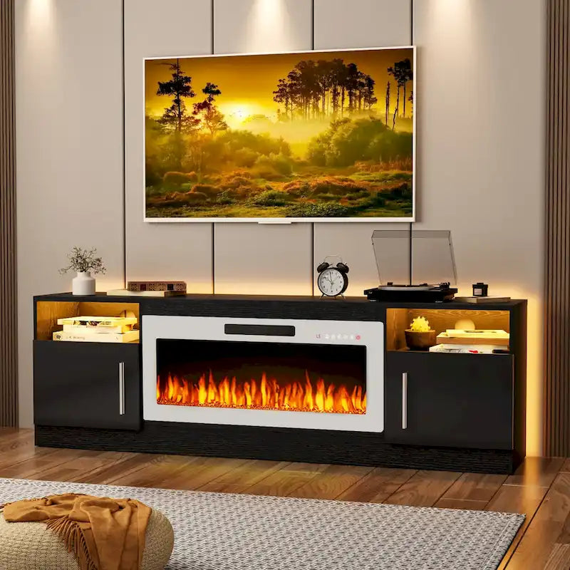 Meuble TV cheminée Bossin 70 avec cheminée électrique 36, meuble TV pour téléviseurs jusqu'à 80 pouces, lumières LED 16 couleurs/centre de divertissement