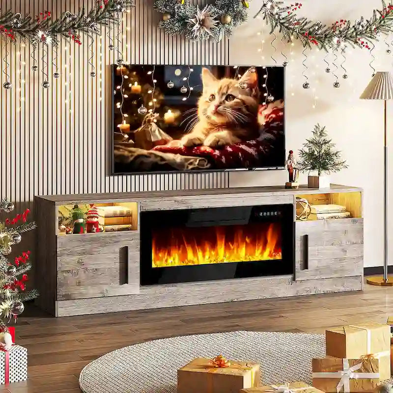 Meuble TV cheminée Bossin 70 avec cheminée électrique 36, meuble TV pour téléviseurs jusqu'à 80 pouces, lumières LED 16 couleurs/centre de divertissement