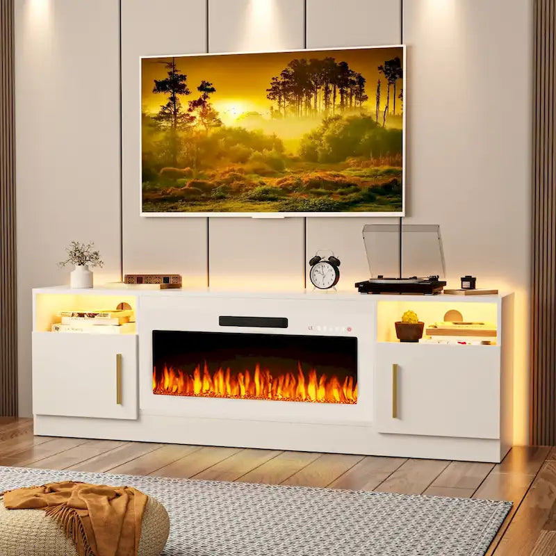 Meuble TV cheminée Bossin 70 avec cheminée électrique 36, meuble TV pour téléviseurs jusqu'à 80 pouces, lumières LED 16 couleurs/centre de divertissement