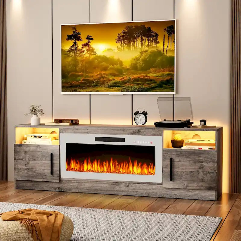 Meuble TV cheminée Bossin 70 avec cheminée électrique 36, meuble TV pour téléviseurs jusqu'à 80 pouces, lumières LED 16 couleurs/centre de divertissement
