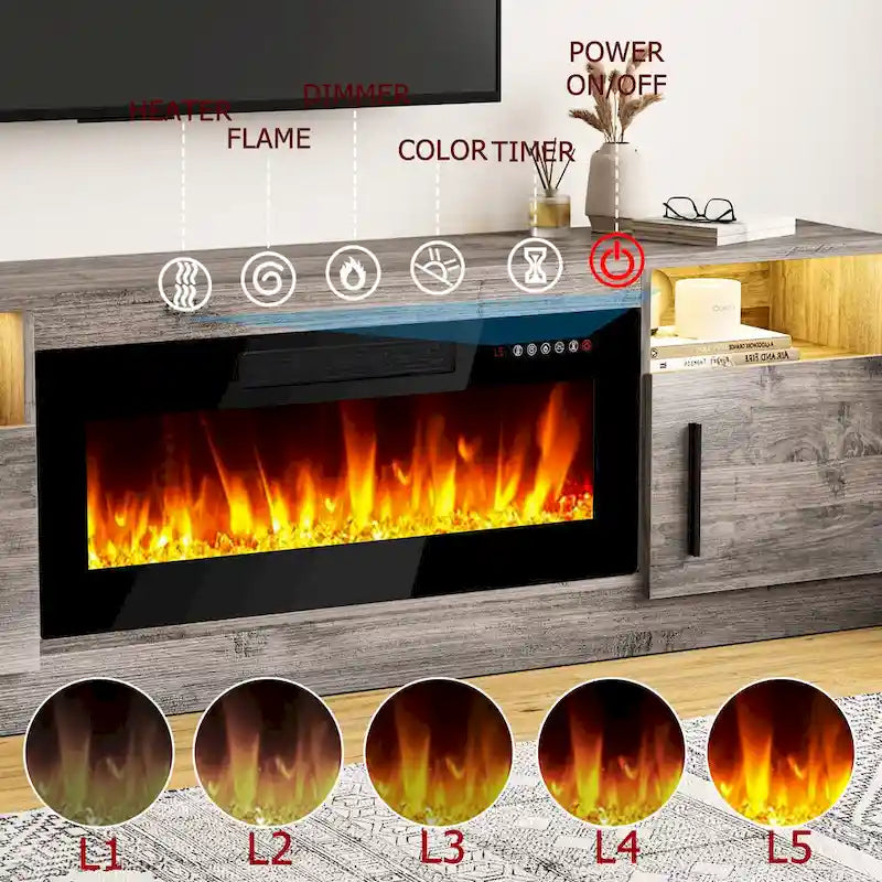 Meuble TV cheminée Bossin 70 avec cheminée électrique 36, meuble TV pour téléviseurs jusqu'à 80 pouces, lumières LED 16 couleurs/centre de divertissement