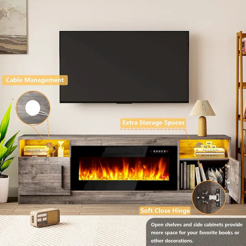 Meuble TV cheminée Bossin 70 avec cheminée électrique 36, meuble TV pour téléviseurs jusqu'à 80 pouces, lumières LED 16 couleurs/centre de divertissement