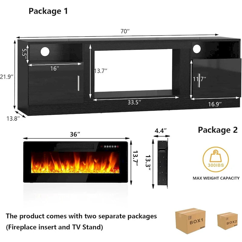 Meuble TV cheminée Bossin 70 avec cheminée électrique 36, meuble TV pour téléviseurs jusqu'à 80 pouces, lumières LED 16 couleurs/centre de divertissement