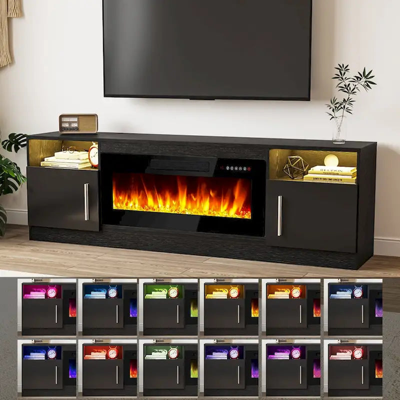 Meuble TV cheminée Bossin 70 avec cheminée électrique 36, meuble TV pour téléviseurs jusqu'à 80 pouces, lumières LED 16 couleurs/centre de divertissement