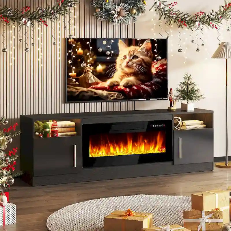 Meuble TV cheminée Bossin 70 avec cheminée électrique 36, meuble TV pour téléviseurs jusqu'à 80 pouces, lumières LED 16 couleurs/centre de divertissement