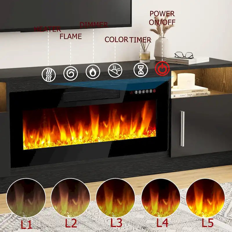 Meuble TV cheminée Bossin 70 avec cheminée électrique 36, meuble TV pour téléviseurs jusqu'à 80 pouces, lumières LED 16 couleurs/centre de divertissement