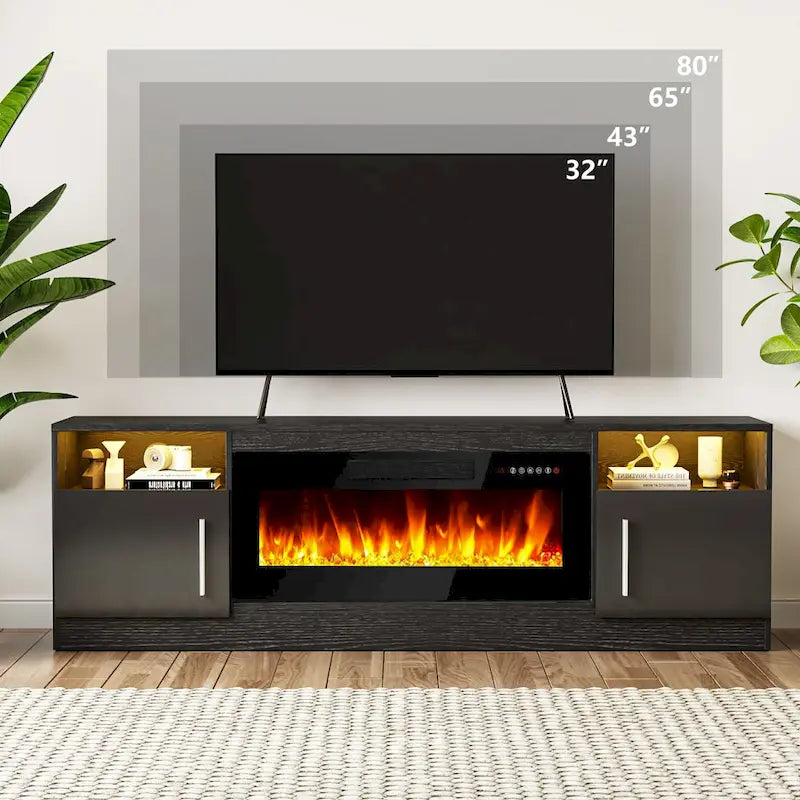 Meuble TV cheminée Bossin 70 avec cheminée électrique 36, meuble TV pour téléviseurs jusqu'à 80 pouces, lumières LED 16 couleurs/centre de divertissement
