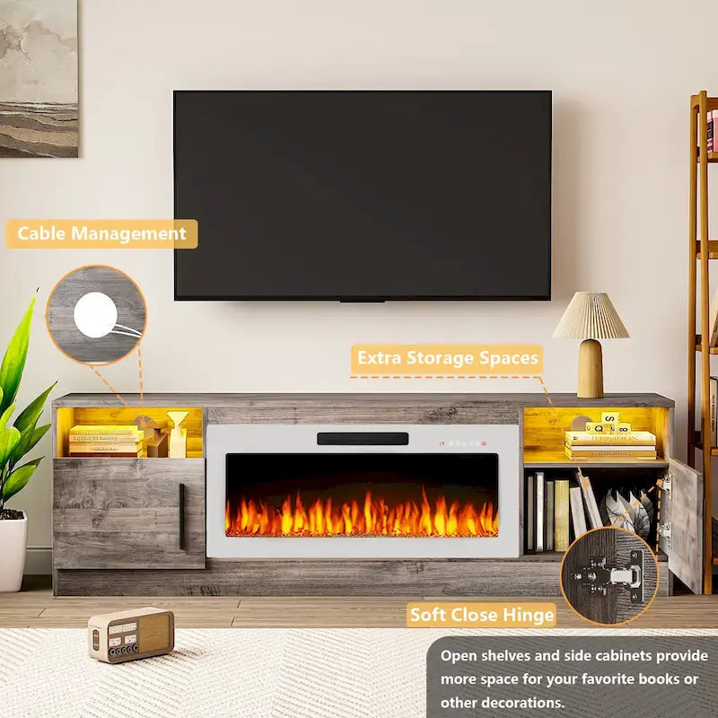 Meuble TV cheminée Bossin 70 avec cheminée électrique 36, meuble TV pour téléviseurs jusqu'à 80 pouces, lumières LED 16 couleurs/centre de divertissement