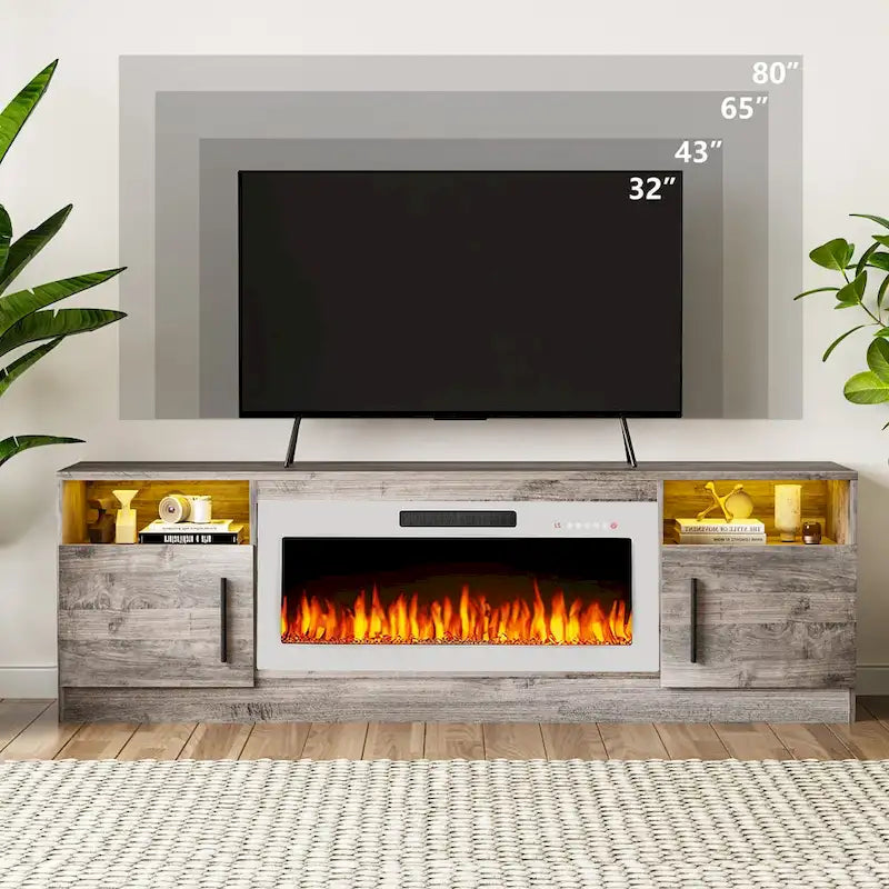 Meuble TV cheminée Bossin 70 avec cheminée électrique 36, meuble TV pour téléviseurs jusqu'à 80 pouces, lumières LED 16 couleurs/centre de divertissement