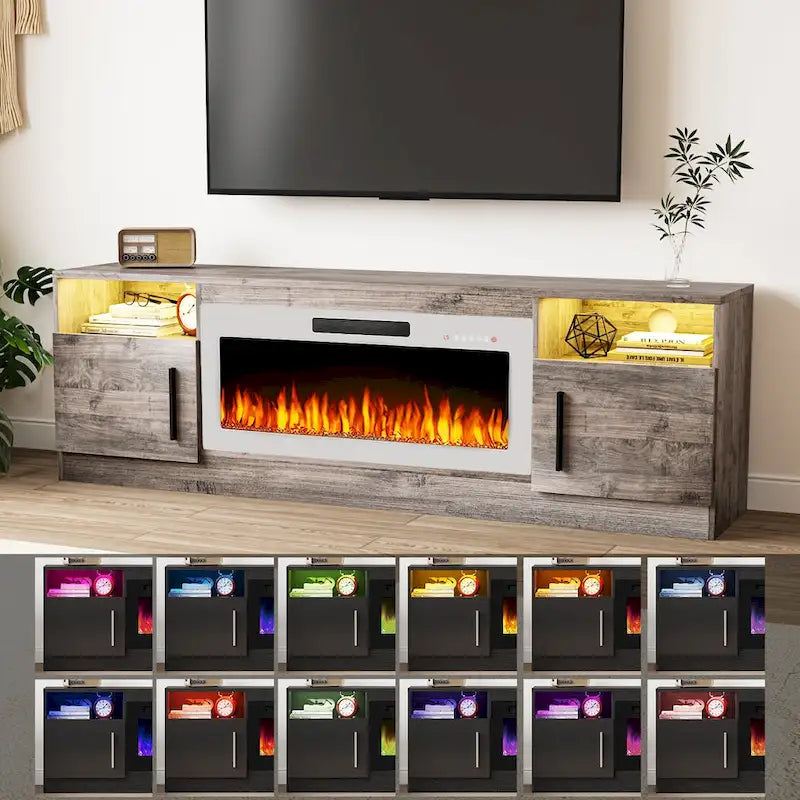 Meuble TV cheminée Bossin 70 avec cheminée électrique 36, meuble TV pour téléviseurs jusqu'à 80 pouces, lumières LED 16 couleurs/centre de divertissement