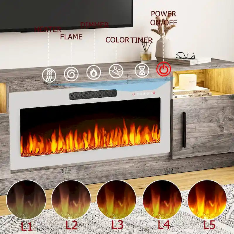 Meuble TV cheminée Bossin 70 avec cheminée électrique 36, meuble TV pour téléviseurs jusqu'à 80 pouces, lumières LED 16 couleurs/centre de divertissement