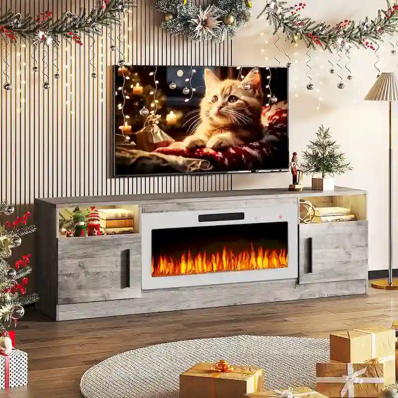 Meuble TV cheminée Bossin 70 avec cheminée électrique 36, meuble TV pour téléviseurs jusqu'à 80 pouces, lumières LED 16 couleurs/centre de divertissement