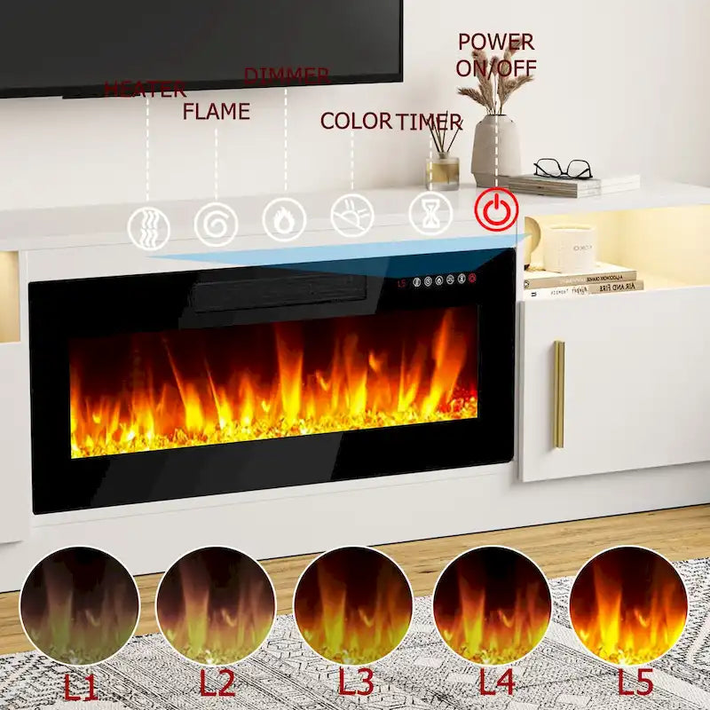 Meuble TV cheminée Bossin 70 avec cheminée électrique 36, meuble TV pour téléviseurs jusqu'à 80 pouces, lumières LED 16 couleurs/centre de divertissement