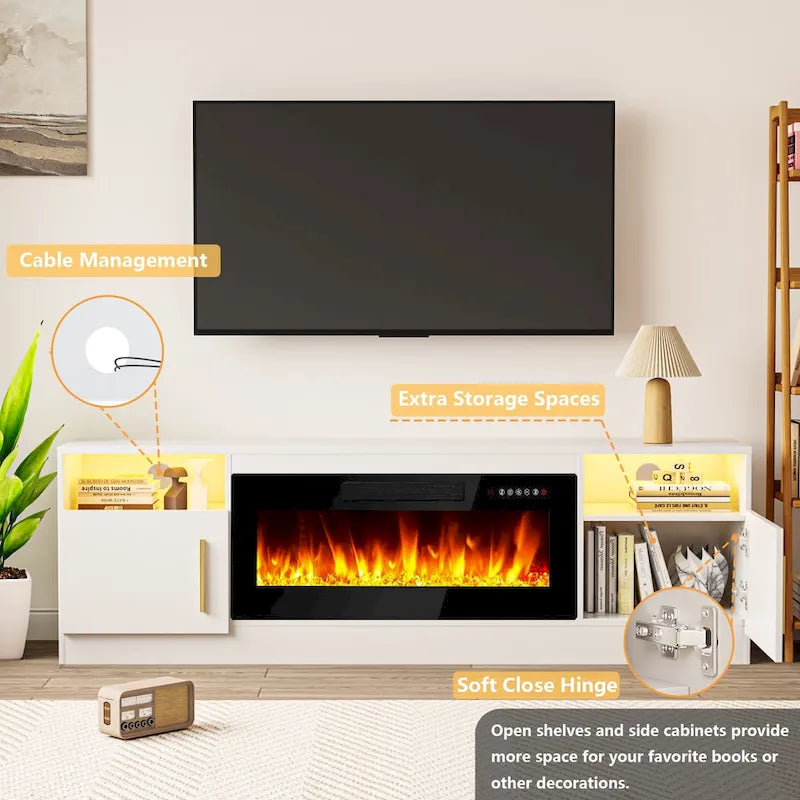 Meuble TV cheminée Bossin 70 avec cheminée électrique 36, meuble TV pour téléviseurs jusqu'à 80 pouces, lumières LED 16 couleurs/centre de divertissement