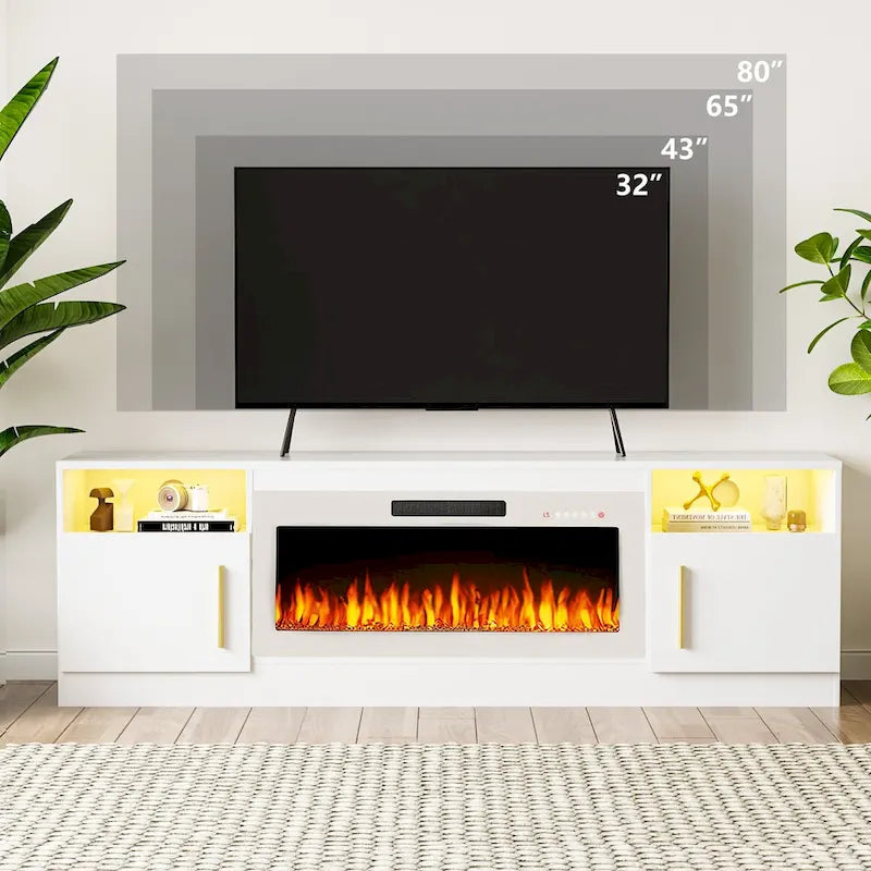 Meuble TV cheminée Bossin 70 avec cheminée électrique 36, meuble TV pour téléviseurs jusqu'à 80 pouces, lumières LED 16 couleurs/centre de divertissement