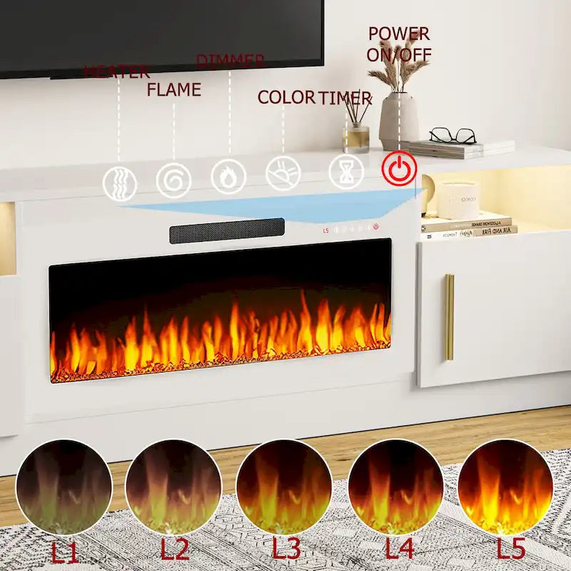 Meuble TV cheminée Bossin 70 avec cheminée électrique 36, meuble TV pour téléviseurs jusqu'à 80 pouces, lumières LED 16 couleurs/centre de divertissement