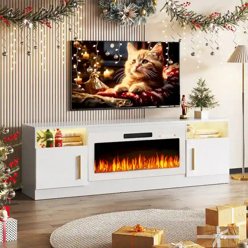 Meuble TV cheminée Bossin 70 avec cheminée électrique 36, meuble TV pour téléviseurs jusqu'à 80 pouces, lumières LED 16 couleurs/centre de divertissement