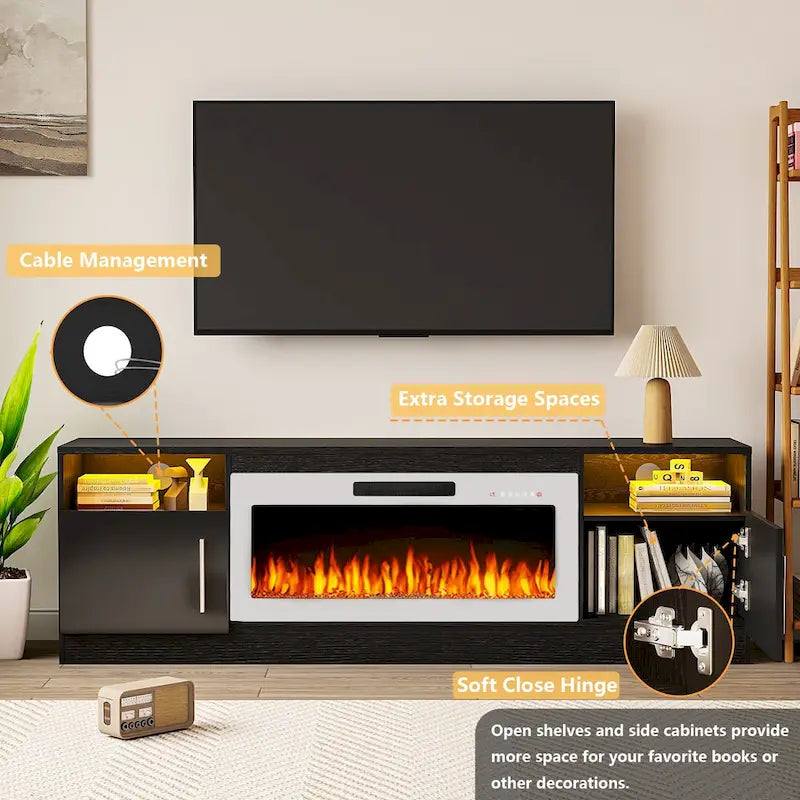 Meuble TV cheminée Bossin 70 avec cheminée électrique 36, meuble TV pour téléviseurs jusqu'à 80 pouces, lumières LED 16 couleurs/centre de divertissement