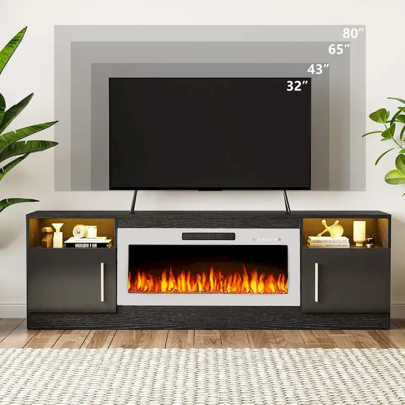 Meuble TV cheminée Bossin 70 avec cheminée électrique 36, meuble TV pour téléviseurs jusqu'à 80 pouces, lumières LED 16 couleurs/centre de divertissement