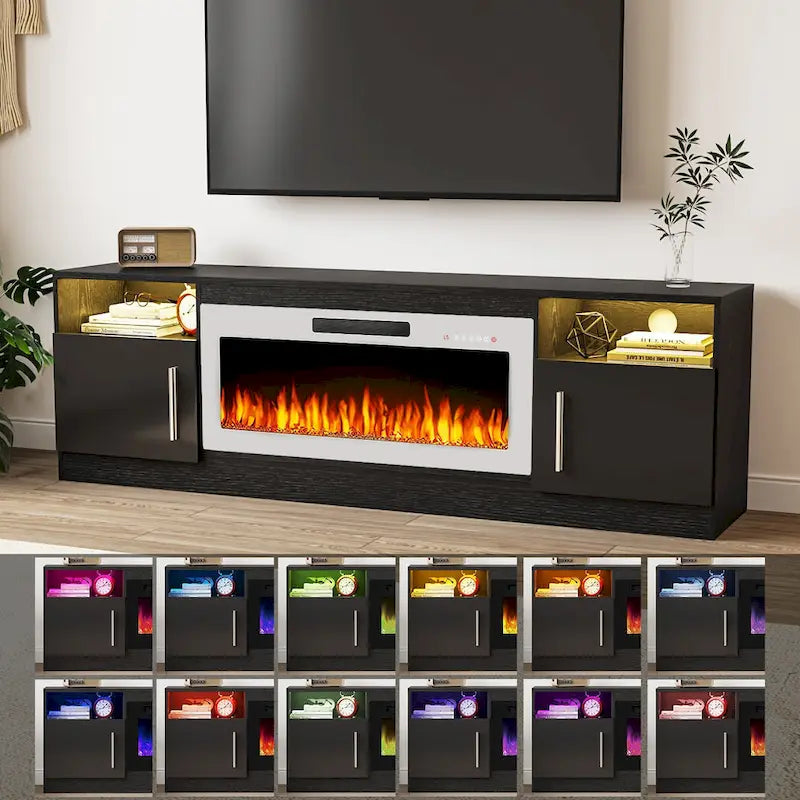 Meuble TV cheminée Bossin 70 avec cheminée électrique 36, meuble TV pour téléviseurs jusqu'à 80 pouces, lumières LED 16 couleurs/centre de divertissement