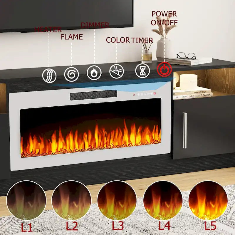 Meuble TV cheminée Bossin 70 avec cheminée électrique 36, meuble TV pour téléviseurs jusqu'à 80 pouces, lumières LED 16 couleurs/centre de divertissement