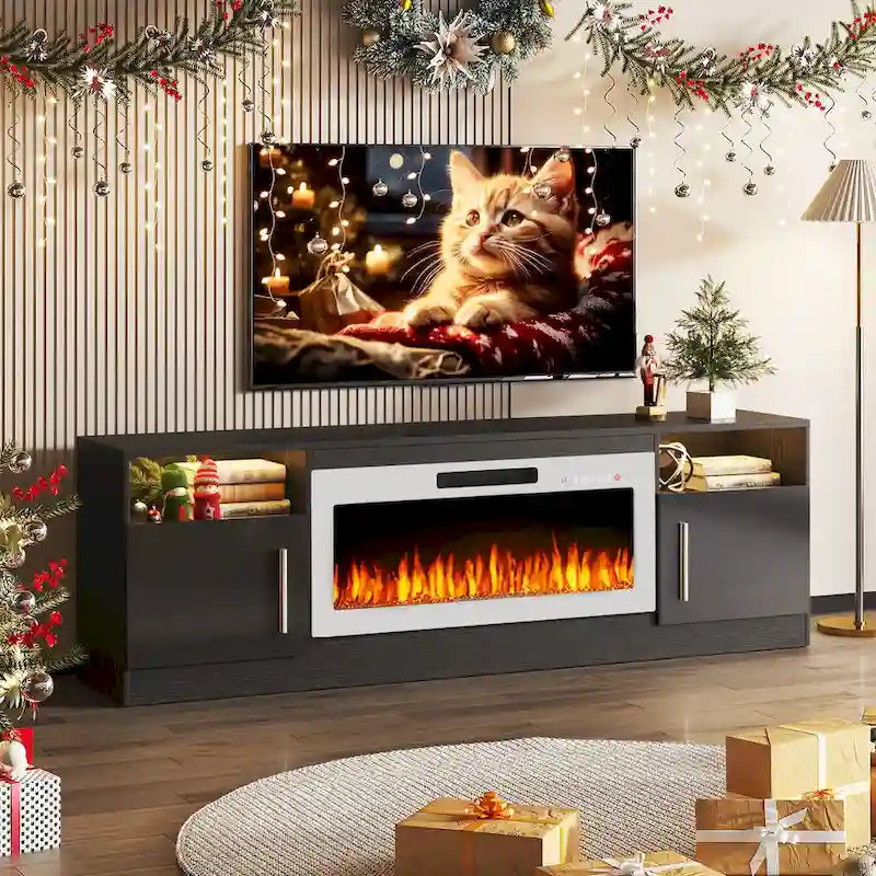 Meuble TV cheminée Bossin 70 avec cheminée électrique 36, meuble TV pour téléviseurs jusqu'à 80 pouces, lumières LED 16 couleurs/centre de divertissement