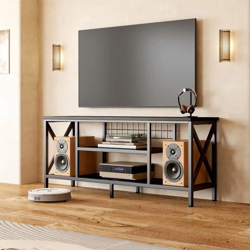 Meuble TV industriel pour téléviseurs de chambre à coucher avec étagères de rangement ouvertes