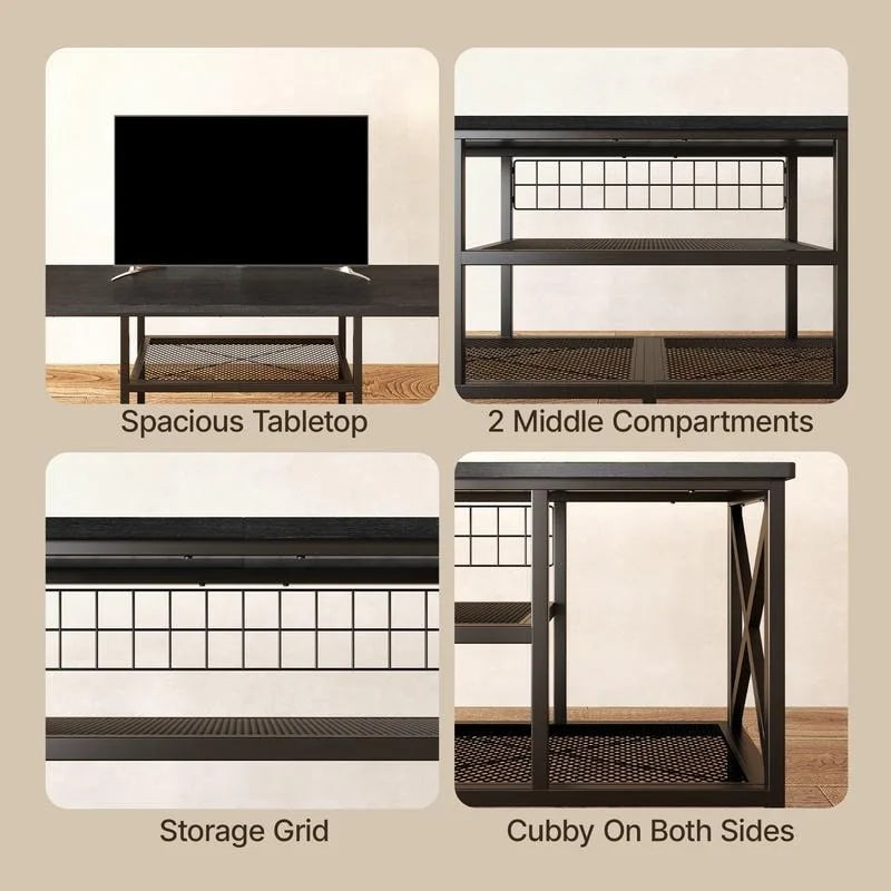 Meuble TV industriel pour téléviseurs de chambre à coucher avec étagères de rangement ouvertes