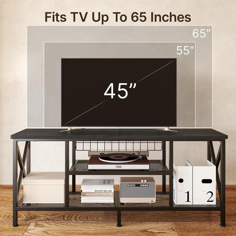 Meuble TV industriel pour téléviseurs de chambre à coucher avec étagères de rangement ouvertes