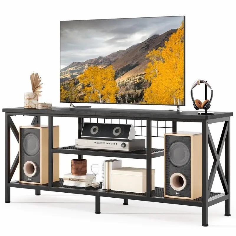 Meuble TV industriel pour téléviseurs de chambre à coucher avec étagères de rangement ouvertes