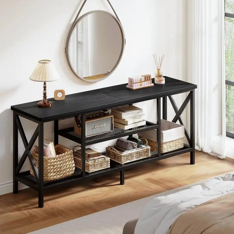 Meuble TV industriel pour téléviseurs de chambre à coucher avec étagères de rangement ouvertes