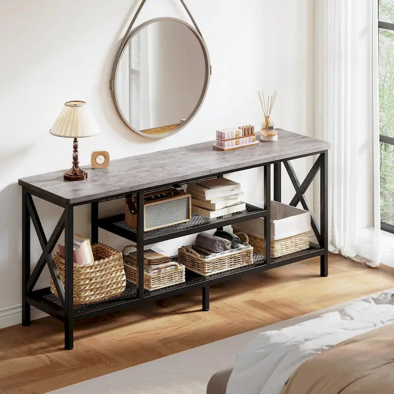 Meuble TV industriel pour téléviseurs de chambre à coucher avec étagères de rangement ouvertes
