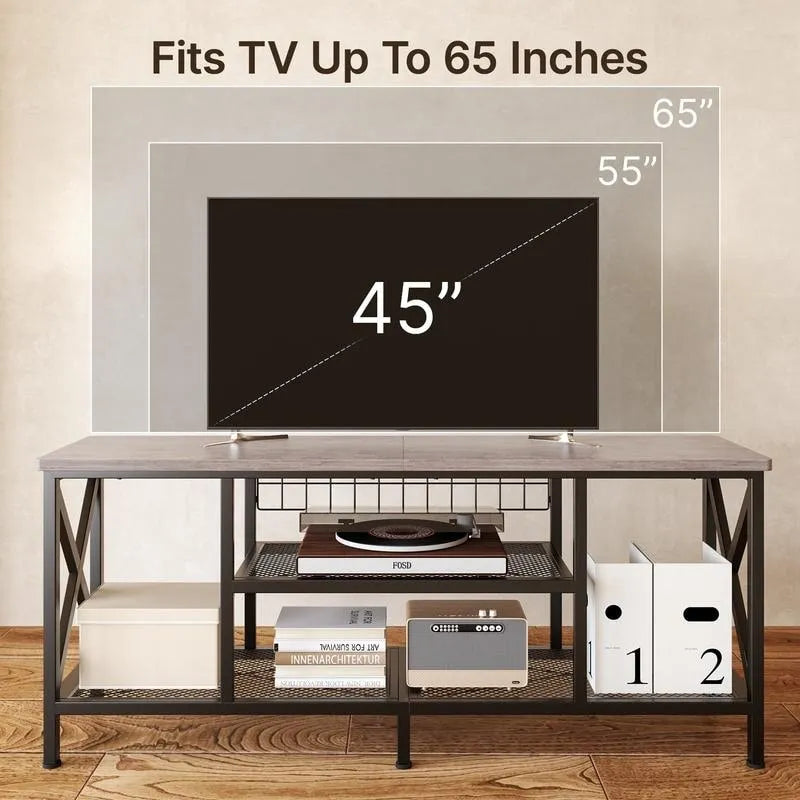 Meuble TV industriel pour téléviseurs de chambre à coucher avec étagères de rangement ouvertes