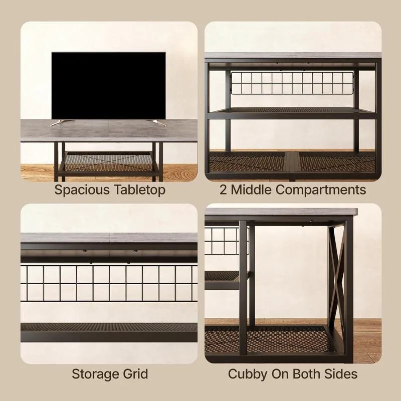 Meuble TV industriel pour téléviseurs de chambre à coucher avec étagères de rangement ouvertes