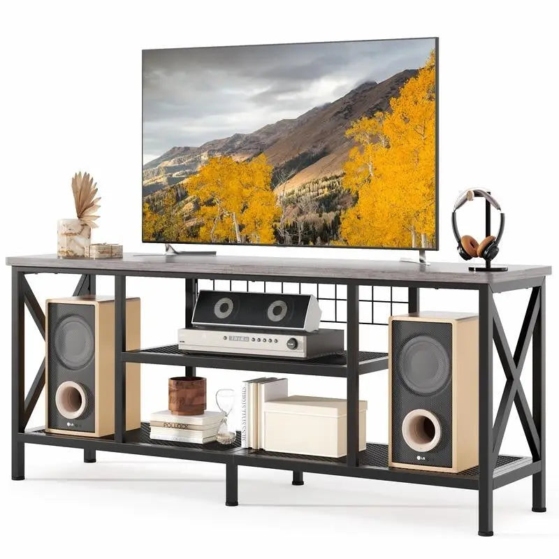 Meuble TV industriel pour téléviseurs de chambre à coucher avec étagères de rangement ouvertes