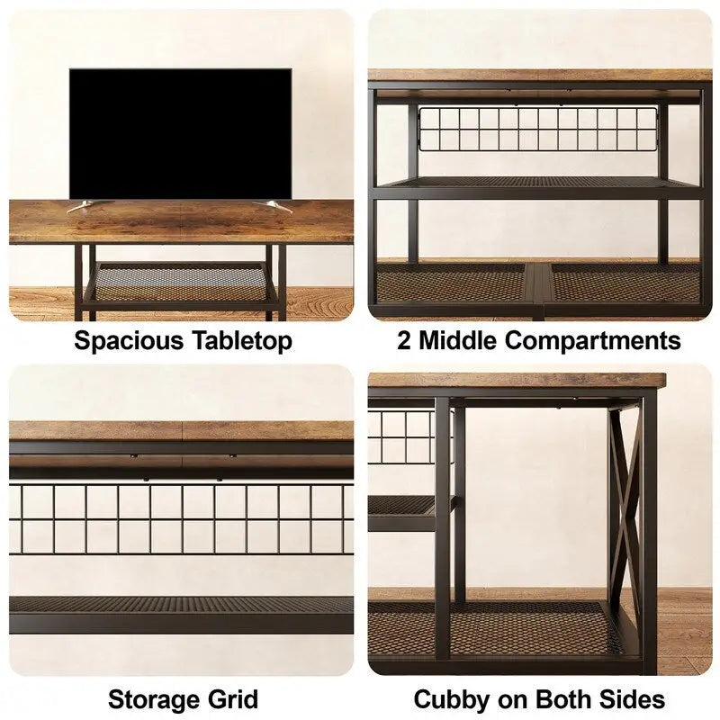 Meuble TV industriel pour téléviseurs de chambre à coucher avec étagères de rangement ouvertes