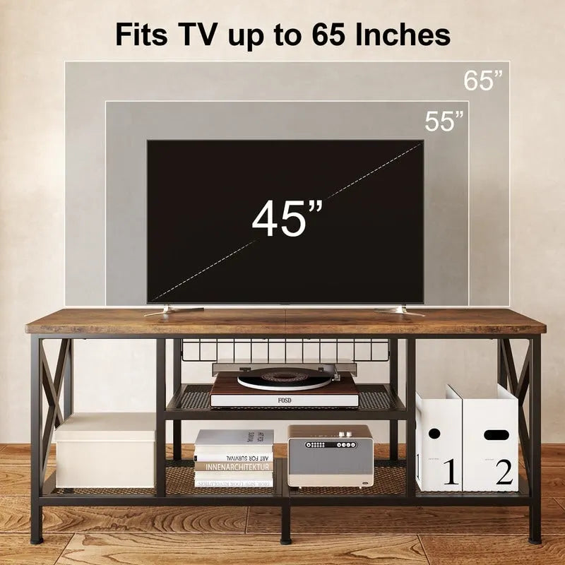 Meuble TV industriel pour téléviseurs de chambre à coucher avec étagères de rangement ouvertes