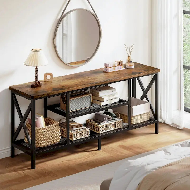 Meuble TV industriel pour téléviseurs de chambre à coucher avec étagères de rangement ouvertes