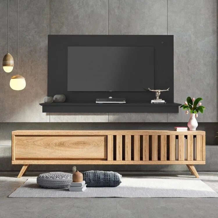 Floating Entertainment Center for up to 55 inch TVs, TV Wall Panel with LED Strip and Shelf, Floating TV Stand