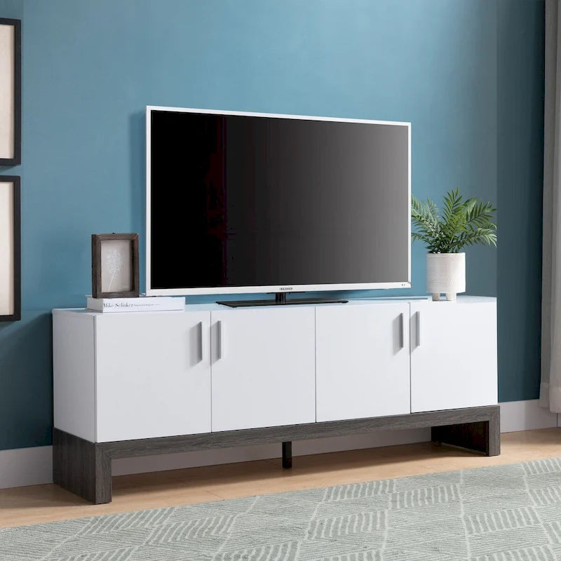 Buffet latéral avec 4 portes, rangements, meuble TV 60" - Blanc et Gris vieilli