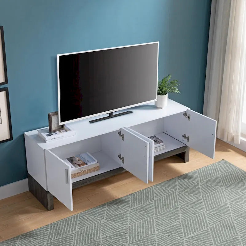 Buffet latéral avec 4 portes, rangements, meuble TV 60" - Blanc et Gris vieilli