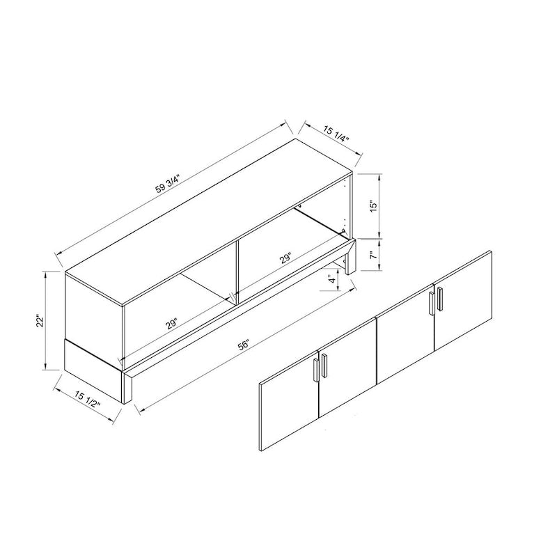 Buffet latéral avec 4 portes, rangements, meuble TV 60" - Blanc et Gris vieilli