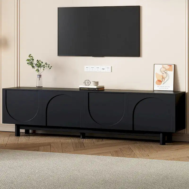 Meuble TV, Meubles d'appoint pour TV jusqu'à 78 pouces, Meuble TV avec pieds en bois massif et 2 placards de rangement, Console multimédia