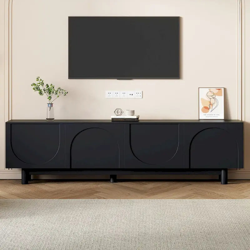 Meuble TV, Meubles d'appoint pour TV jusqu'à 78 pouces, Meuble TV avec pieds en bois massif et 2 placards de rangement, Console multimédia