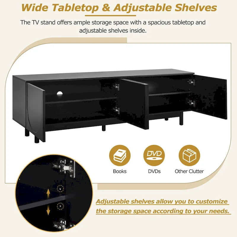 Meuble TV, Meubles d'appoint pour TV jusqu'à 78 pouces, Meuble TV avec pieds en bois massif et 2 placards de rangement, Console multimédia