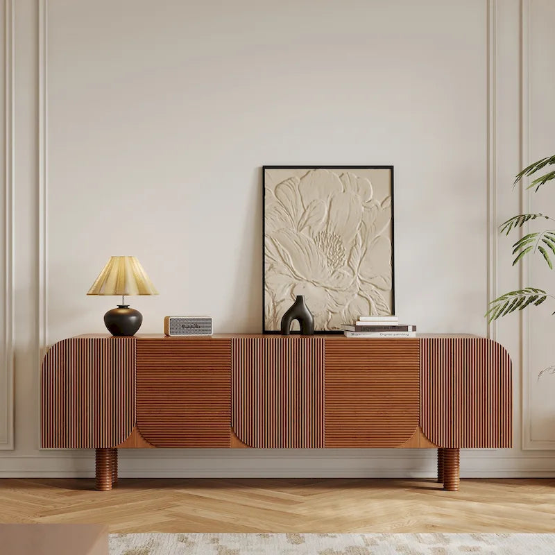 Meuble TV en bois mi-siècle, Console média marron moderne pour salon, Pré-assemblé - 70,87x15,7