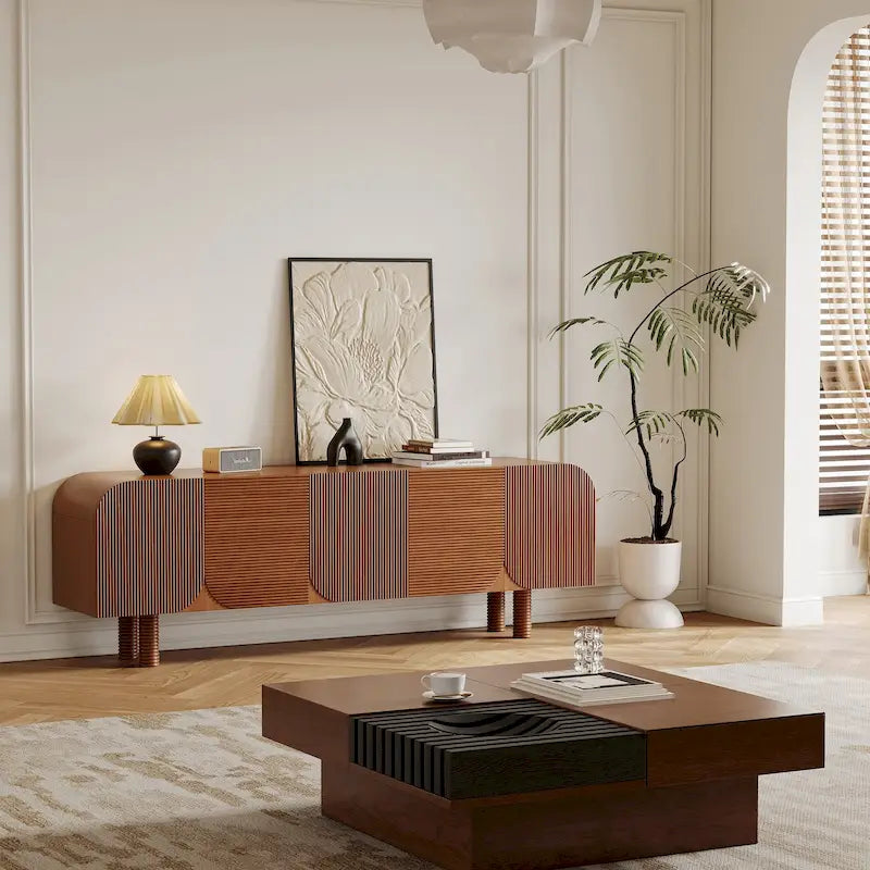 Meuble TV en bois mi-siècle, Console média marron moderne pour salon, Pré-assemblé - 70,87x15,7