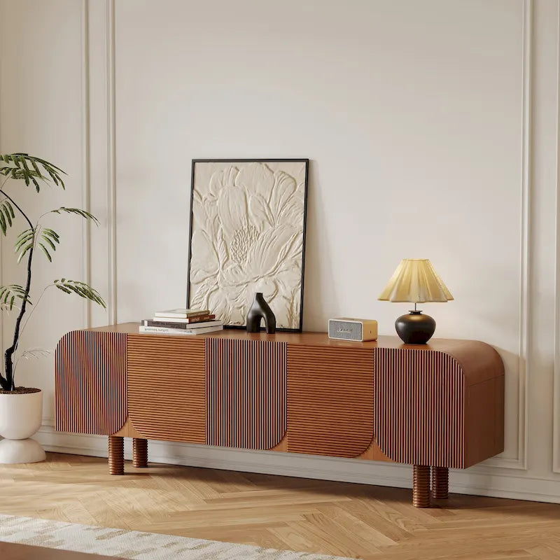 Meuble TV en bois mi-siècle, Console média marron moderne pour salon, Pré-assemblé - 70,87x15,7
