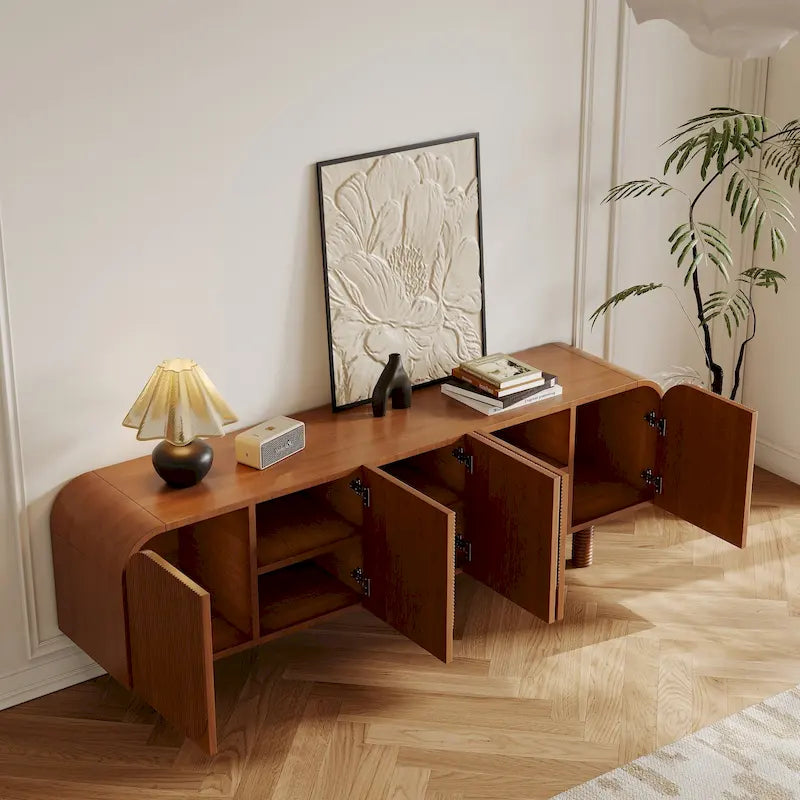 Meuble TV en bois mi-siècle, Console média marron moderne pour salon, Pré-assemblé - 70,87x15,7