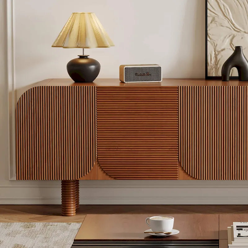 Meuble TV en bois mi-siècle, Console média marron moderne pour salon, Pré-assemblé - 70,87x15,7
